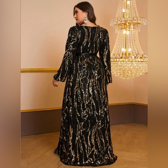 Plus Size Black & Sequins Belted Slit Dress - Picture 5 of 7